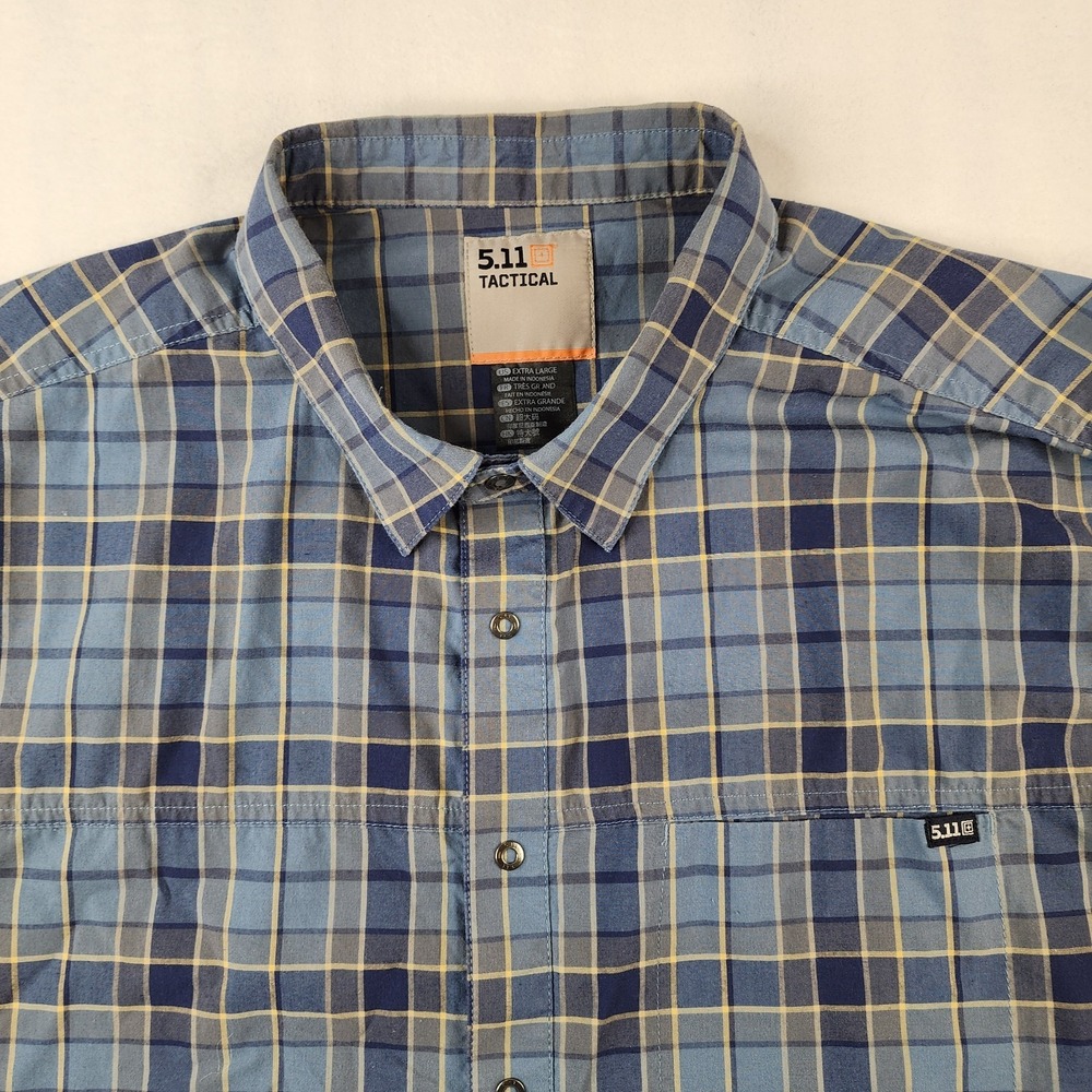 5.11 Tactical Shirt Men XL Blue Plaid Wyatt Metal Snap Button Short‎ Sleeve